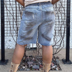 Ripped Distressed Denim Shorts with Lace Hollow-Out and 3D Floral Design