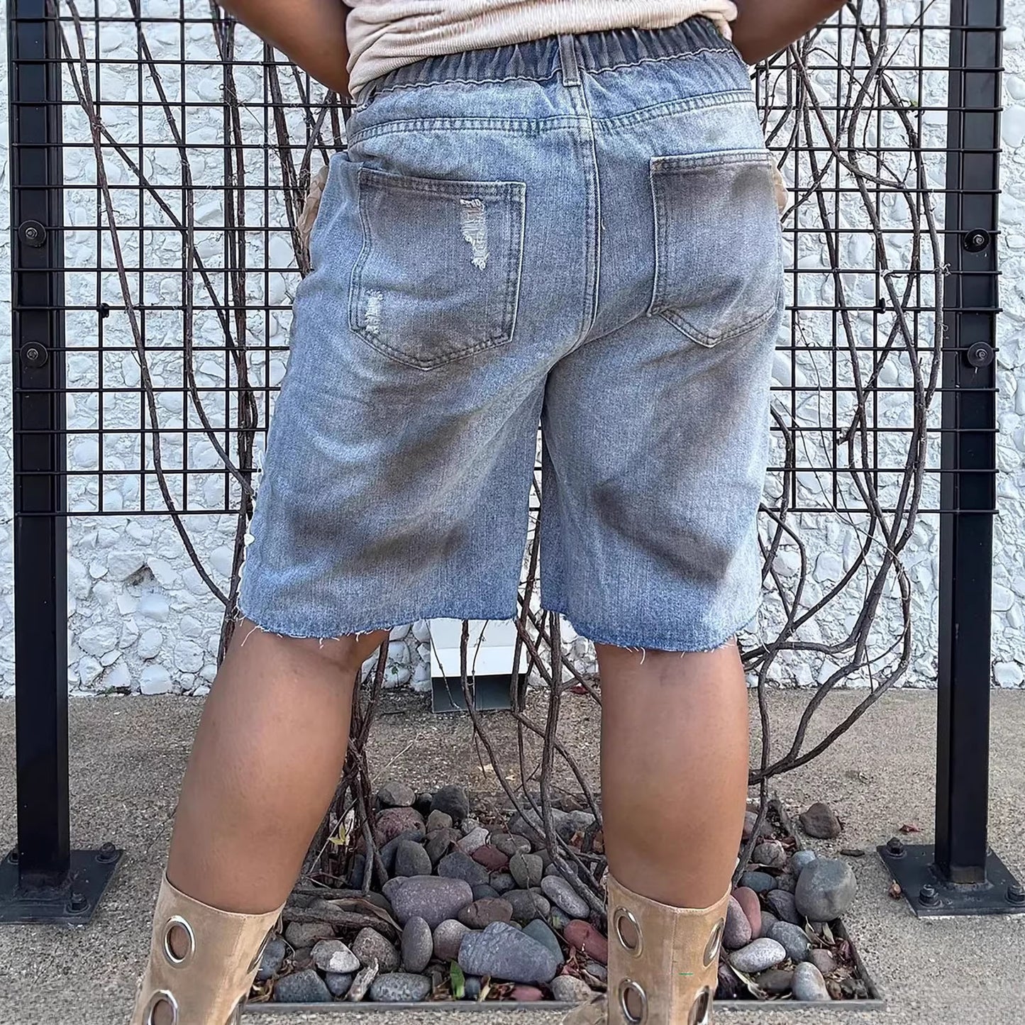 Ripped distressed denim shorts with lace hollow-out and 3D floral design by Plush Fashion Hub, showcasing stylish summer denim shorts.