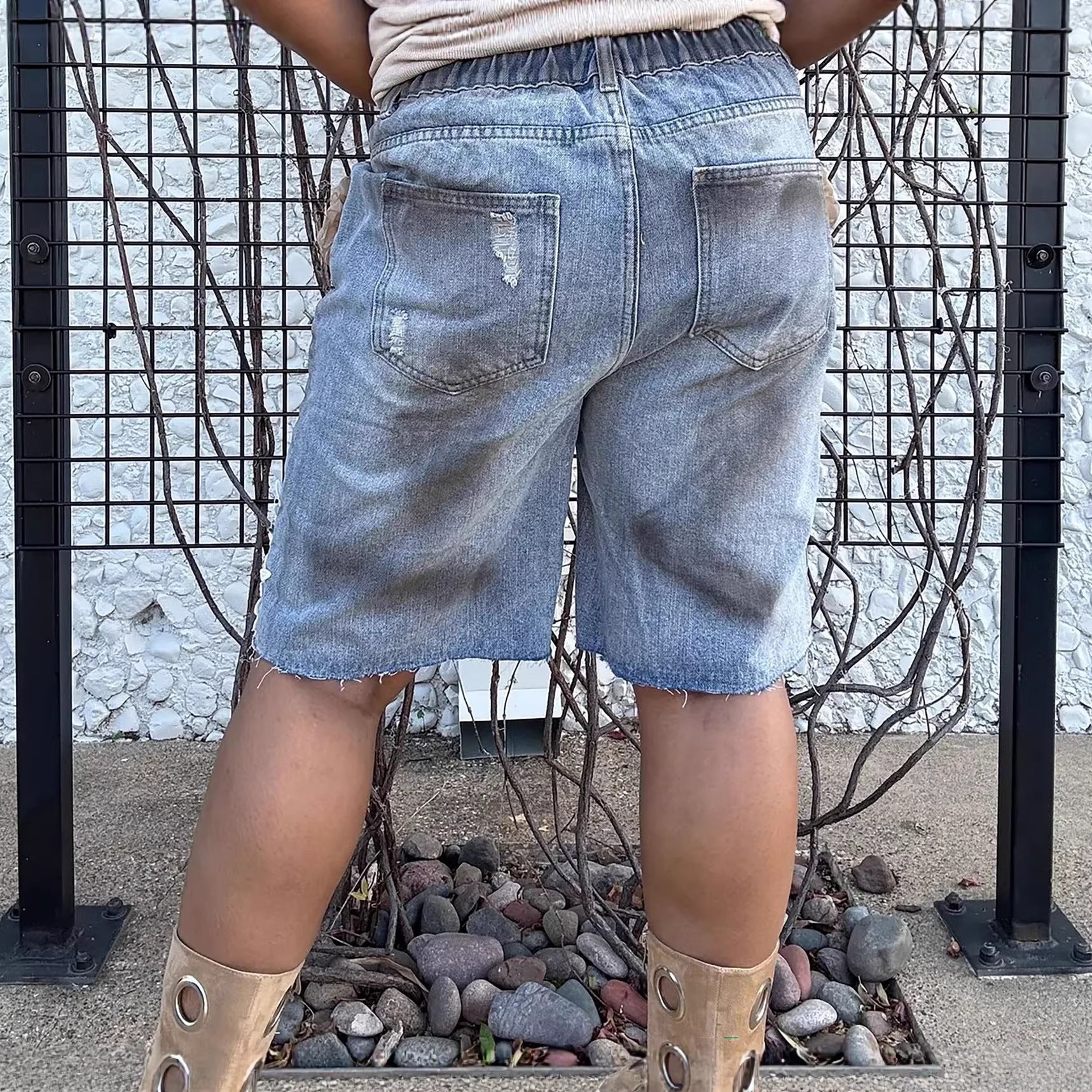 Ripped Distressed Denim Shorts with Lace Hollow-Out and 3D Floral Design