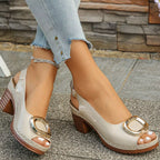 Shopimist peep toe block heel sandals featuring stylish open toes and chunky heels, perfect for summer or casual wear.