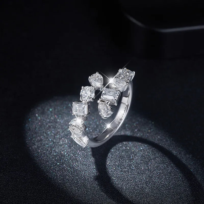 Sterling silver bypass ring with 2.6 carat moissanite gemstone, showcasing a sleek, elegant design.