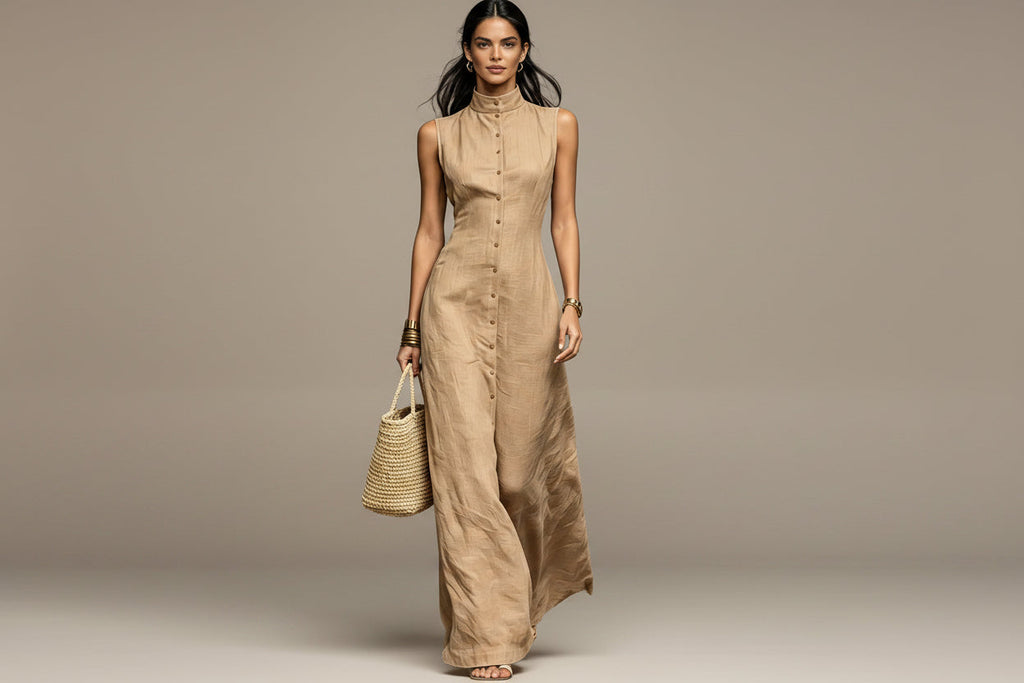 Women's sleeveless midi dress with stand collar and single-breasted design from FitiqueFit, perfect for casualwear.