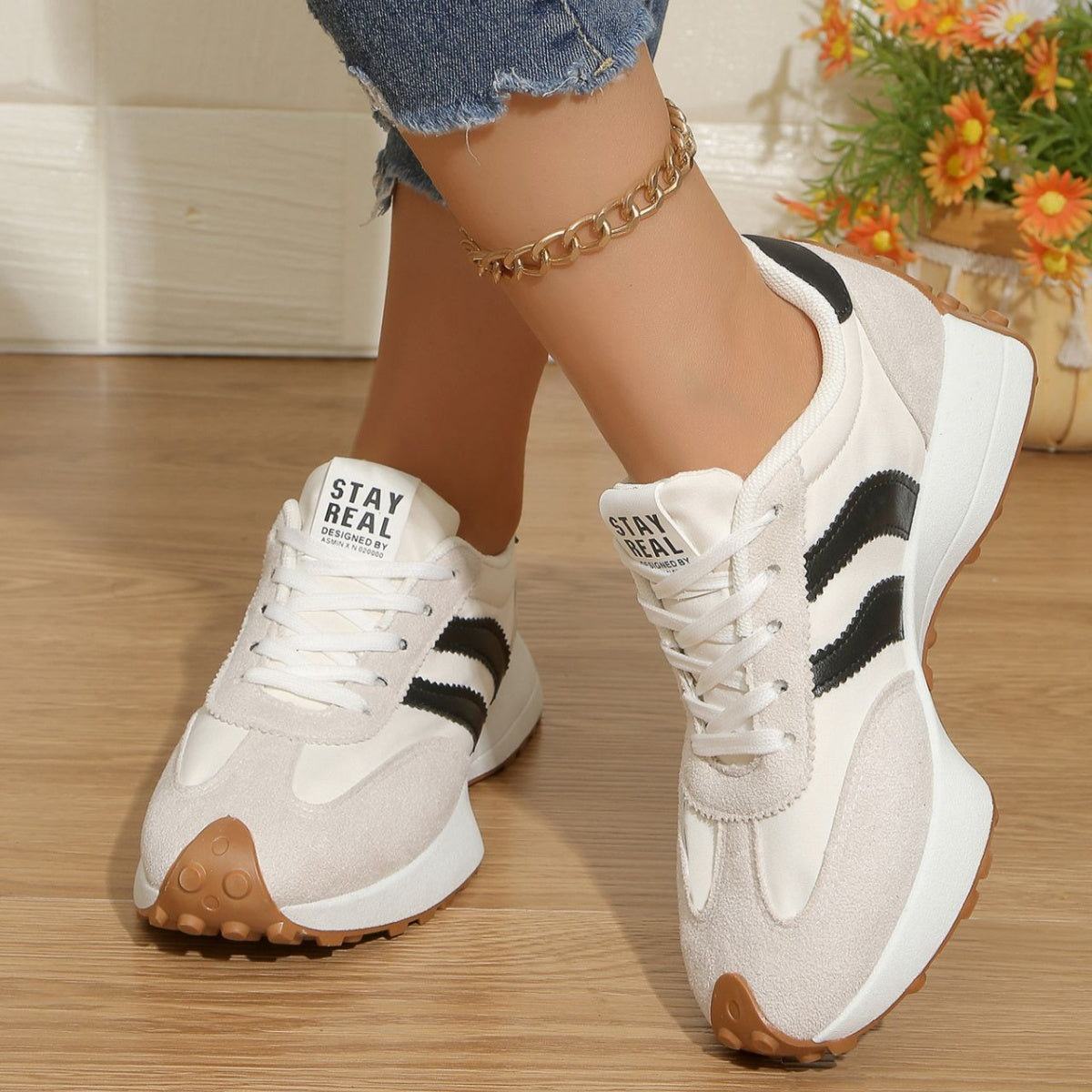Women's round toe lace-up flat sneakers by Plush Fashion Hub featuring comfortable PU leather, casual style, and versatile design.