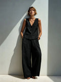 Linen blend V-neck buttoned vest and high-waist wide-leg pants set by FitiqueFit in various colors, displayed on a model.