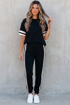 Leona striped detail loose tee from Threaded Pear, shown with matching pant set, in soft fabric with casual fit.