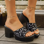 Shopimist heart print block heel sandals featuring stylish heels and heart pattern, perfect for casual or dressy occasions.