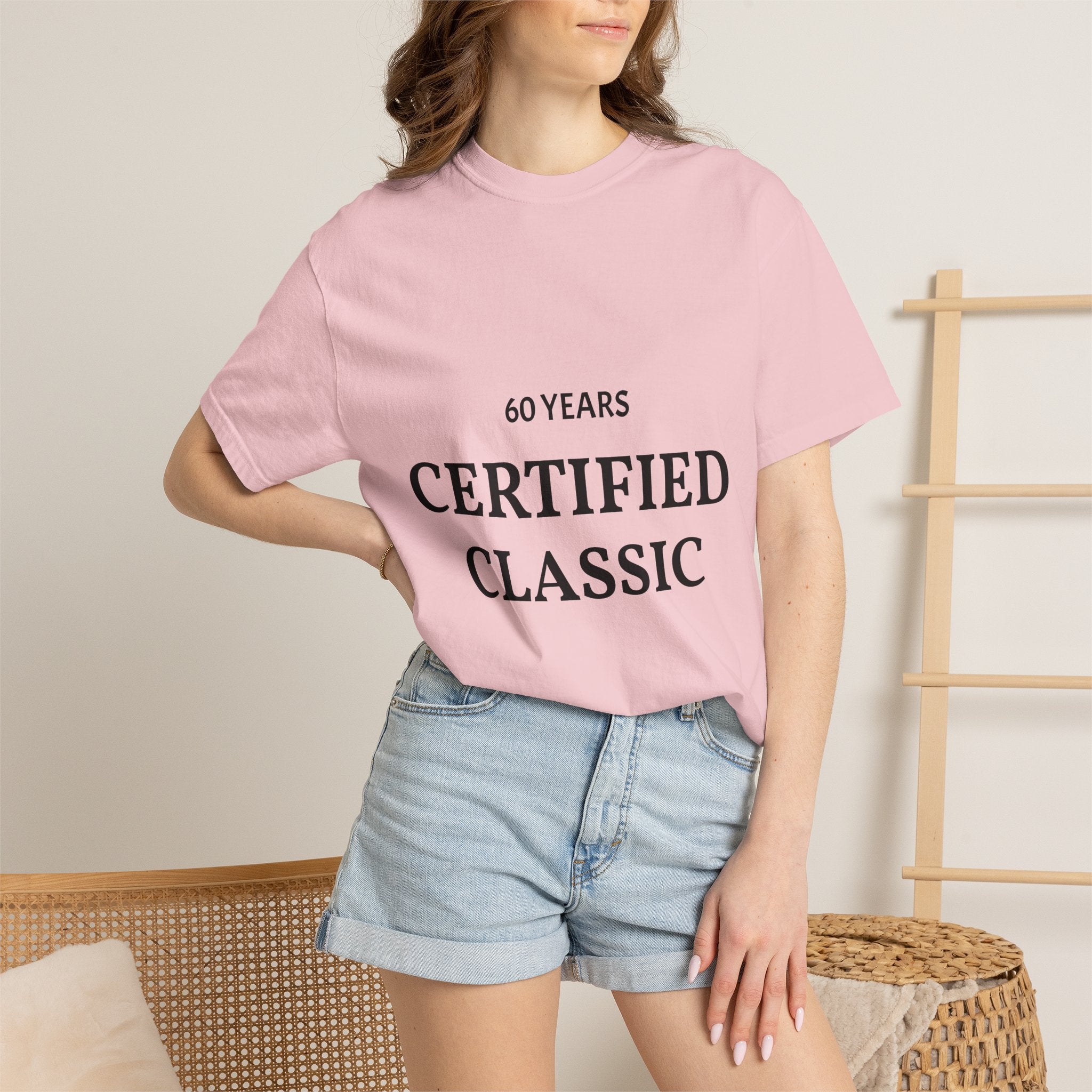 White Certified Classic 60 Years T-Shirt by Printify with printed graphic on front, casual unisex clothing for men and women