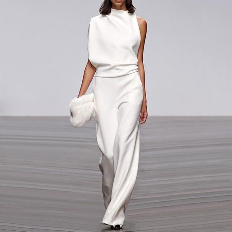 Solid color one-shoulder jumpsuit with pile collar from Plush Fashion Hub, featuring a stylish, modern design.