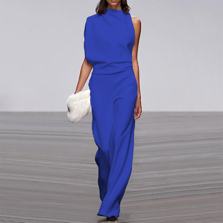 Solid color one-shoulder jumpsuit with pile collar by Plush Fashion Hub, featuring a stylish, modern design.