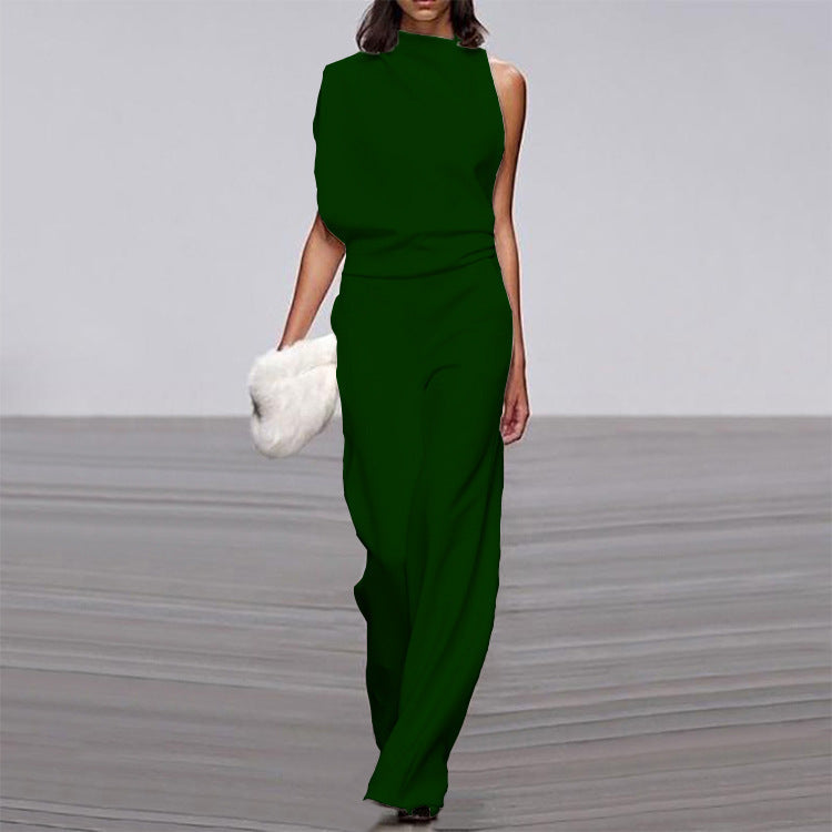 Solid color one-shoulder jumpsuit with pile collar from Plush Fashion Hub, featuring a stylish, modern design.