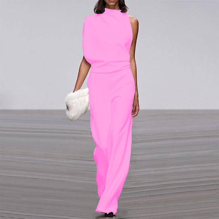 Solid color one-shoulder jumpsuit with pile collar from Plush Fashion Hub, featuring a stylish and modern design.