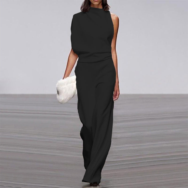 Solid color one-shoulder jumpsuit with pile collar from Plush Fashion Hub, showcasing a stylish, modern design.