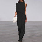 Solid color one-shoulder jumpsuit with pile collar from Plush Fashion Hub, showcasing a stylish, modern design.