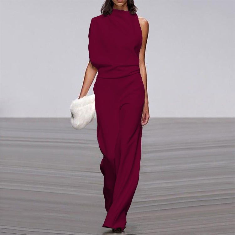 Solid color one-shoulder jumpsuit with pile collar from Plush Fashion Hub, featuring a stylish and modern silhouette.