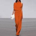 Solid color one-shoulder jumpsuit with pile collar from Plush Fashion Hub, showcasing its stylish design and fit.