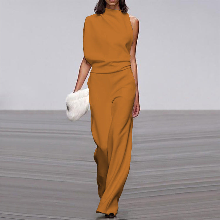 Solid color one-shoulder jumpsuit with pile collar from Plush Fashion Hub, showcasing a stylish and modern design.