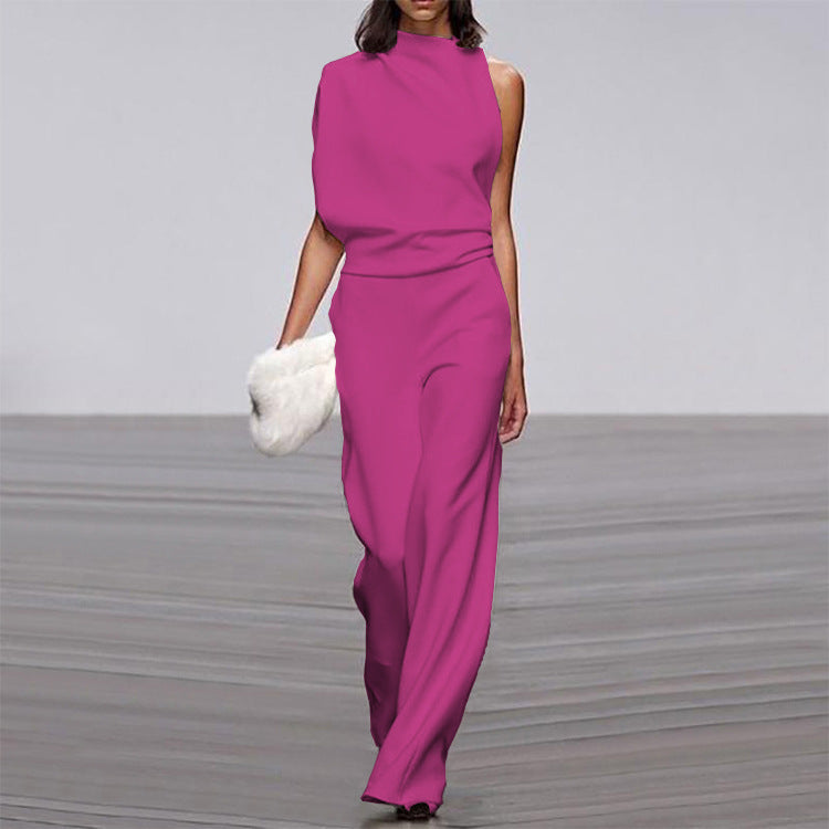Solid color one-shoulder jumpsuit with pile collar from Plush Fashion Hub, featuring a sleek, stylish design and modern silhouette.