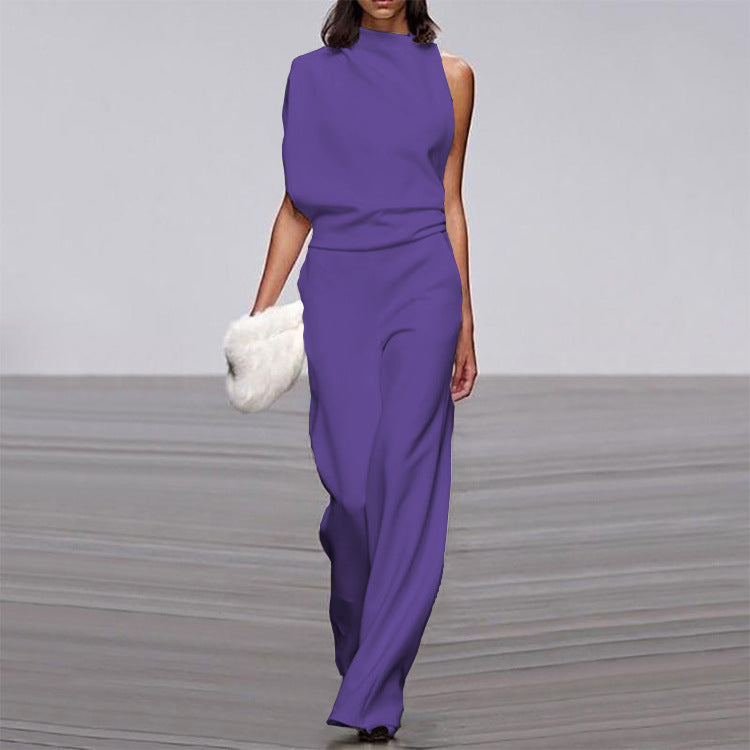 Solid color one-shoulder jumpsuit with pile collar from Plush Fashion Hub, featuring a stylish, modern design.
