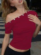 Women's one-shoulder fitted T-shirt with button accents, stylish and casual, by Trendsi.