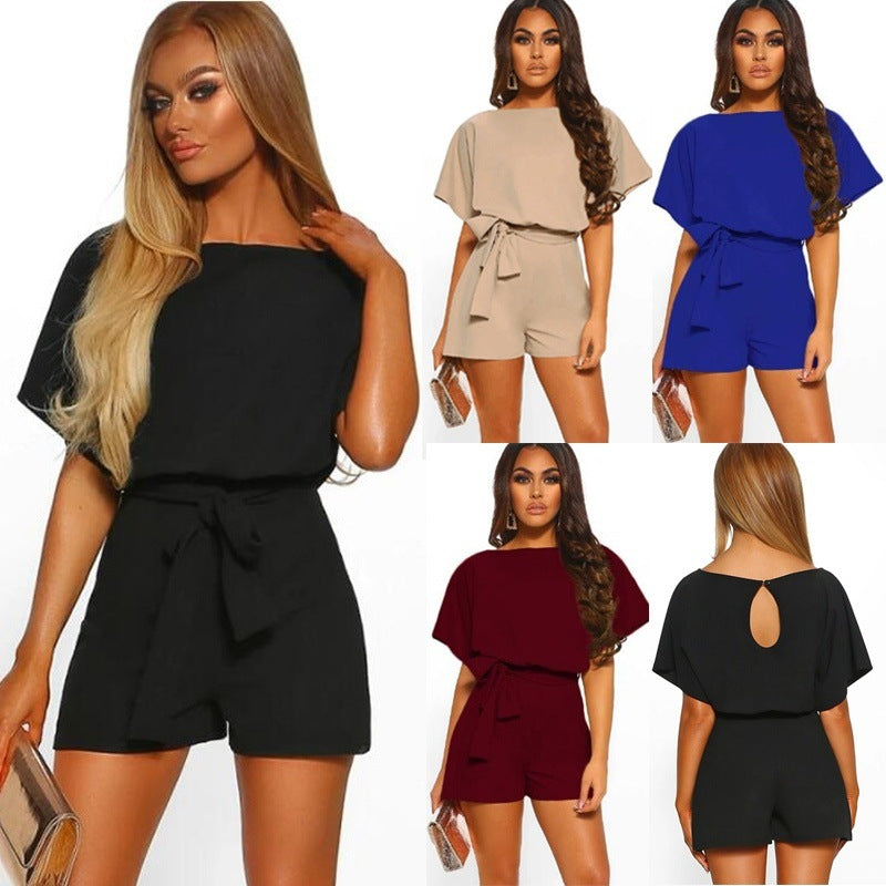 FitiqueFit belted short sleeve silk A-line mini jumpsuit in four colors, casualwear, available in sizes S to 5XL.