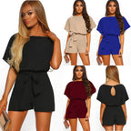 FitiqueFit belted short sleeve silk A-line mini jumpsuit in four colors, casualwear, available in sizes S to 5XL.