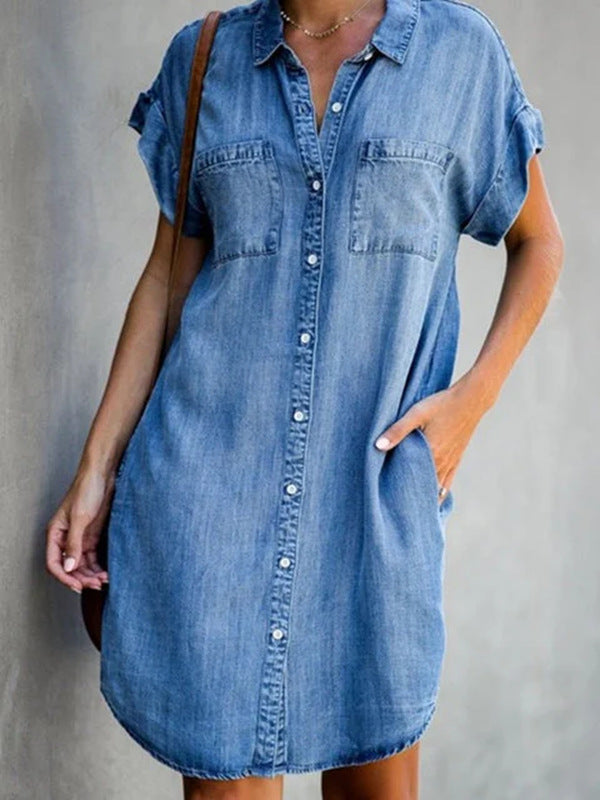 Plush Fashion Hub denim midi dress with short sleeves, square neckline, slim fit, perfect for street style fashion.