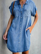 Plush Fashion Hub denim midi dress with short sleeves, square neckline, slim fit, perfect for street style fashion.