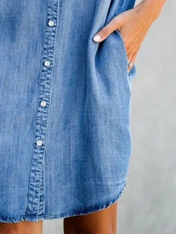 Plush Fashion Hub denim midi dress with short sleeves, square neck, slim fit, perfect for street style fashion.