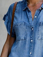 Plush Fashion Hub denim midi dress with short sleeves, square neckline, slim fit, perfect for street style fashion.