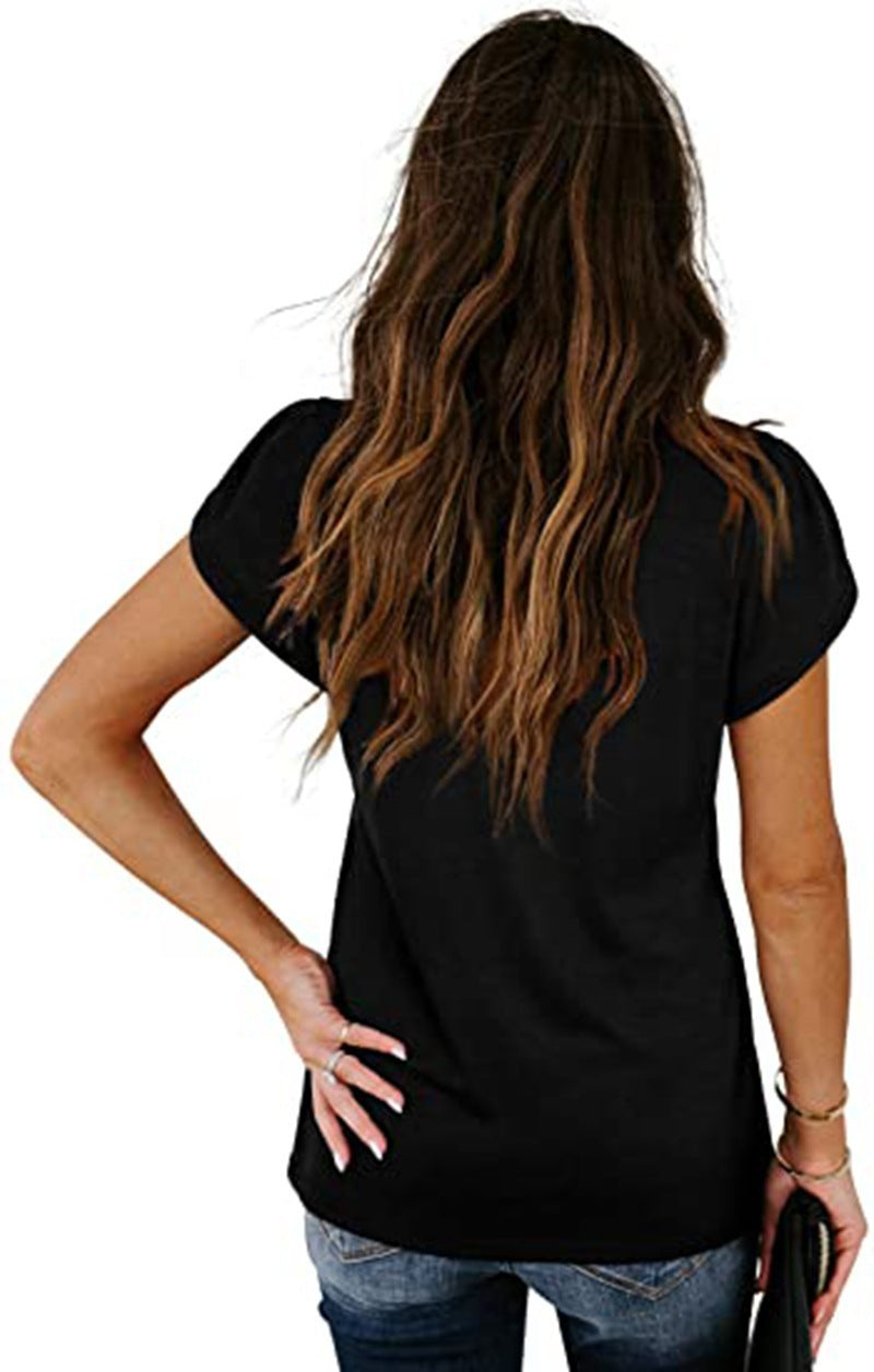 Women's V-neck petal sleeve summer T-shirt by FitiqueFit, featuring a breezy, casual design perfect for warm weather.