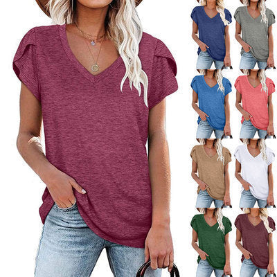 Women's V-neck petal sleeve summer T-shirt by FitiqueFit, lightweight casualwear with a breezy, elegant design.