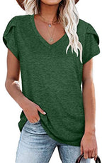 Women's V-neck petal sleeve summer T-shirt by FitiqueFit, lightweight casualwear with a breezy, elegant design.