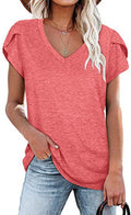 Women's V-neck Petal Sleeve Summer T-shirt by FitiqueFit, casualwear, lightweight, elegant, breezy fabric, floral petal sleeve detail.