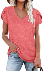 Women's V-neck Petal Sleeve Summer T-shirt by FitiqueFit, casualwear, lightweight, elegant, breezy fabric, floral petal sleeve detail.