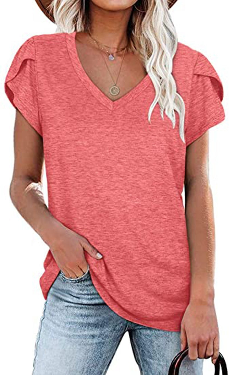 Women's V-neck Petal Sleeve Summer T-shirt by FitiqueFit, casualwear, lightweight, elegant, breezy fabric, floral petal sleeve detail.
