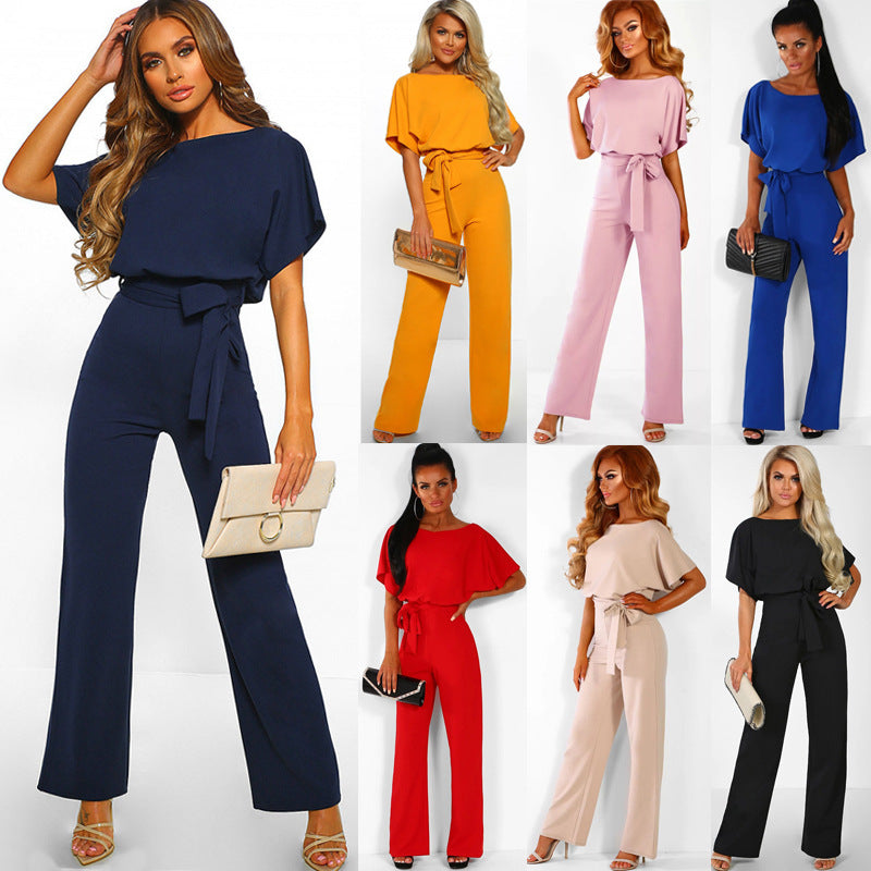 Plush Fashion Hub short sleeve women’s jumpsuit with straight legs and strap, perfect for stylish clubwear and casual outings.