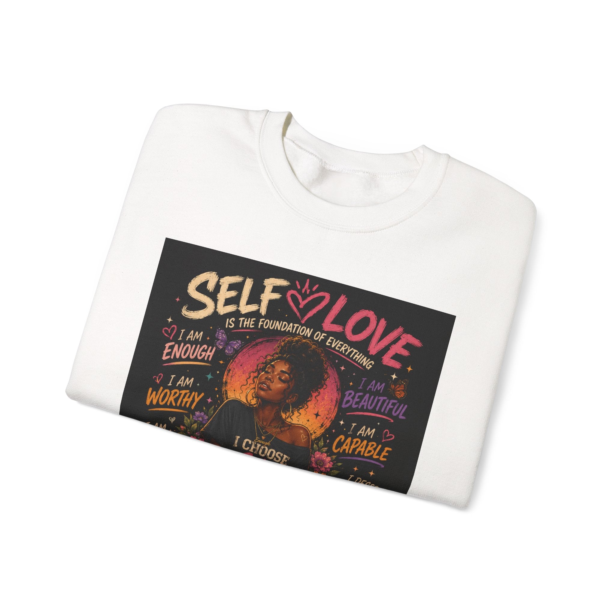 Self Love Crewneck Sweatshirt by Printify featuring empowering graphic design on soft, comfortable fabric.