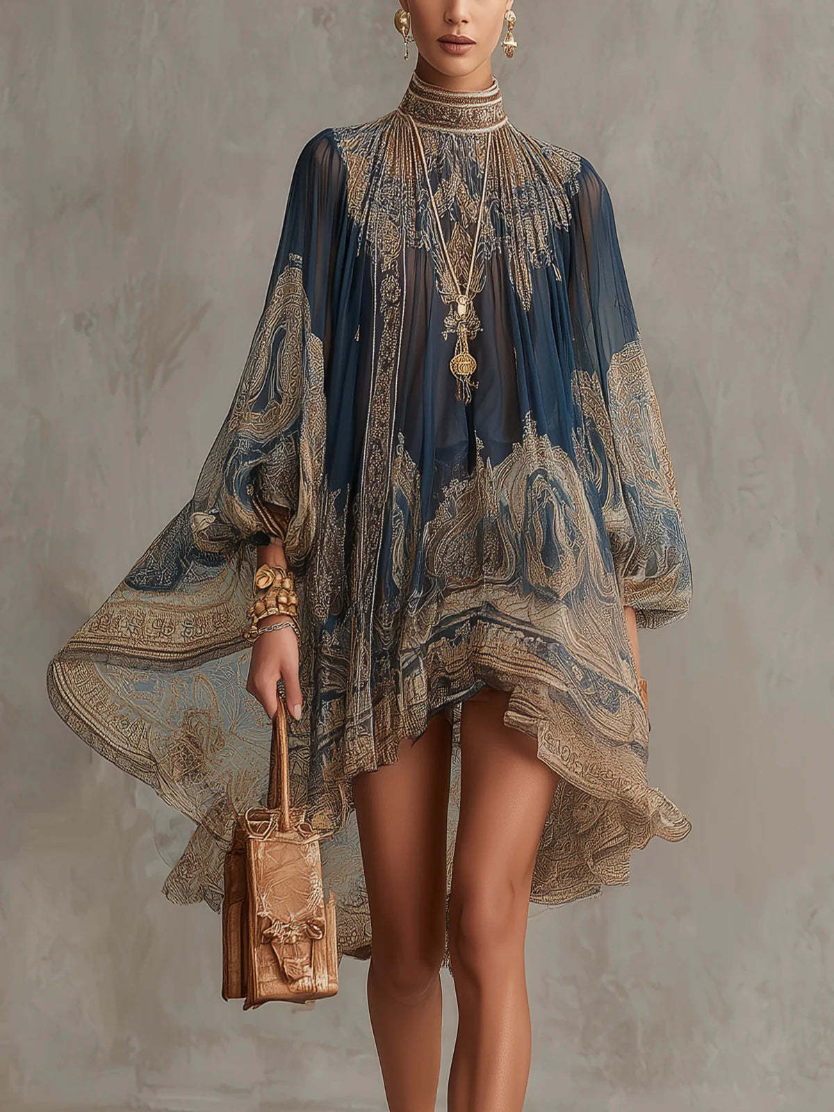 Navy blue printed puff sleeve dress with stand collar, loose fit, boho style, and asymmetric hem by FitiqueFit.