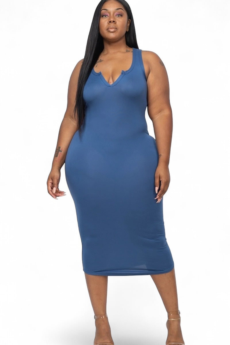 Curvy split neck tank dress by The House of Stylez featuring a fitted silhouette and sleeveless design.