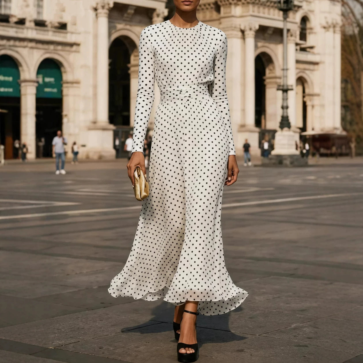 FitiqueFit round neck long sleeve polka dot sheath dress displayed on a hanger with a close-up of the fabric pattern.