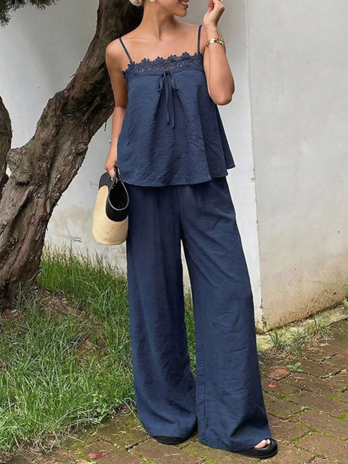 Lace trim cami and wide-leg pants set by Plush Fashion Hub, stylish matching set with delicate lace details and comfortable fit.
