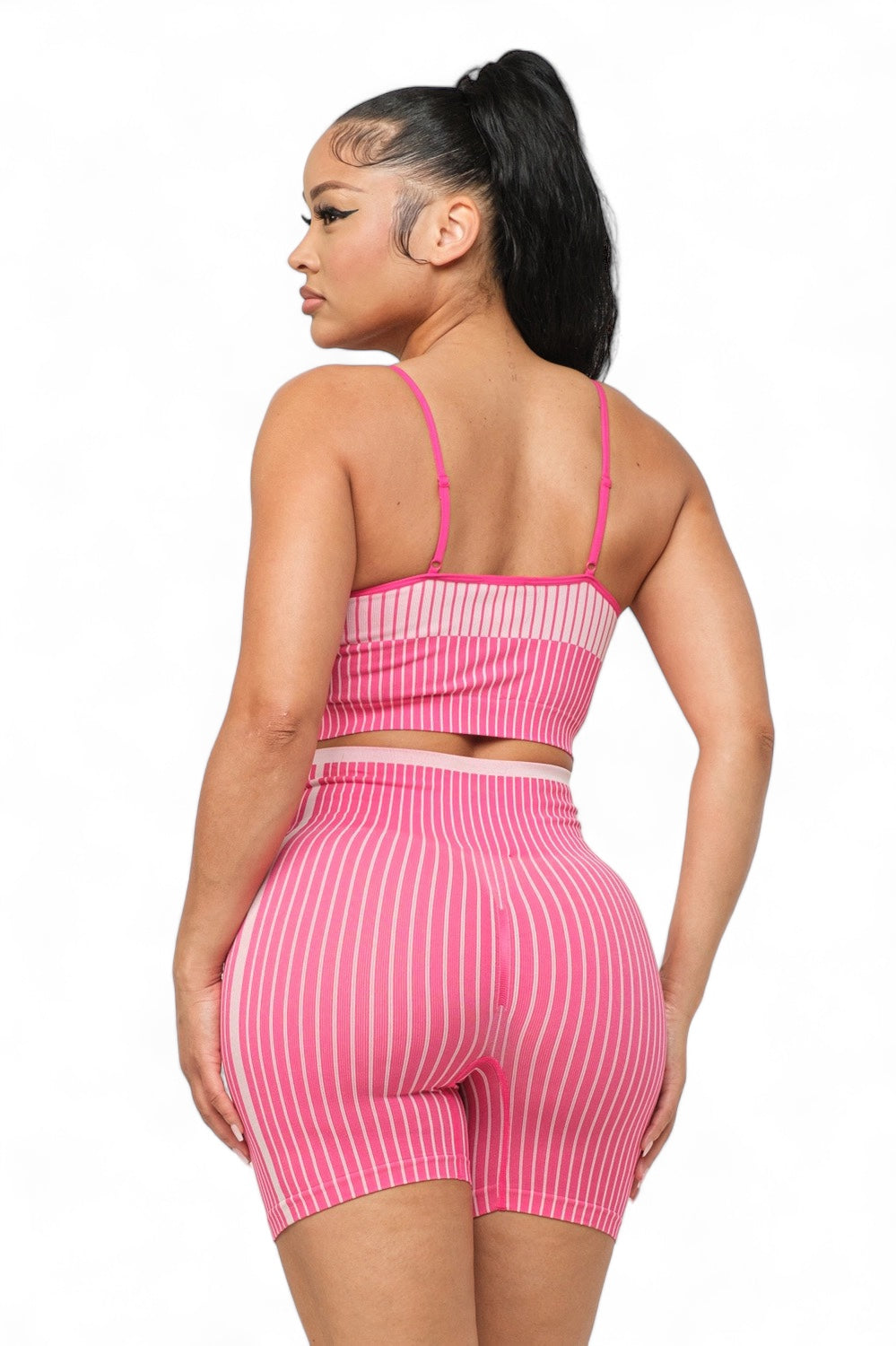 The House of Stylez seamless striped activewear top and biker shorts set, featuring a fitted, comfortable design for workouts.