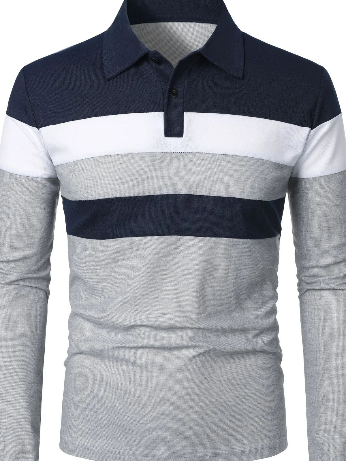 Men's full-size color block long sleeve polo shirt by Trendsi, featuring vibrant color blocks and a classic polo design.