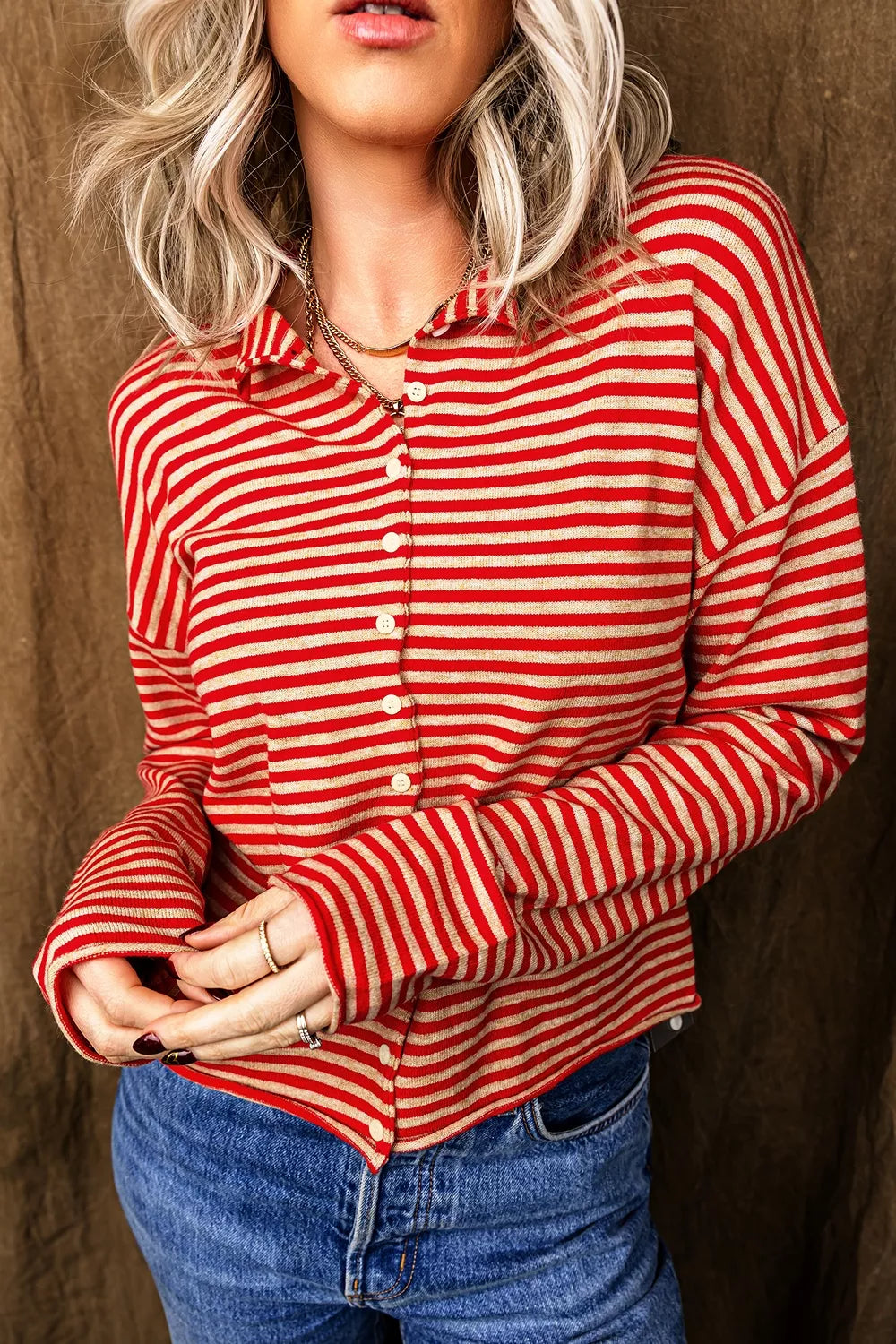 Striped button collar long sleeve knit cardigan shirt by Plush Fashion Hub, featuring a stylish design and cozy fabric.