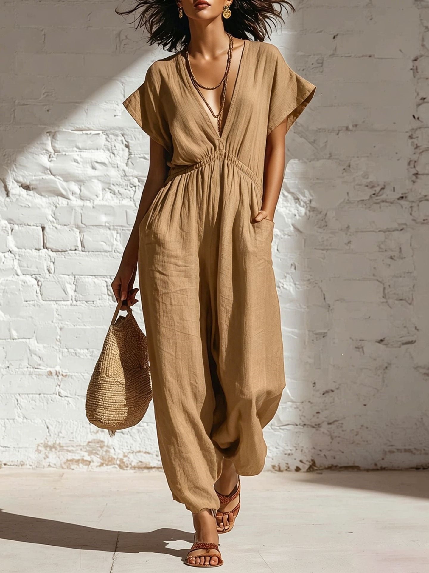 Women's deep V-neck three-quarter sleeve high waist wide-leg pants by Plush Fashion Hub, in a stylish and flowing design.