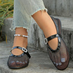 Women's breathable mesh flat sandals with round toes, summer shoes from Trendsi, featuring a comfortable flat sole and open design.