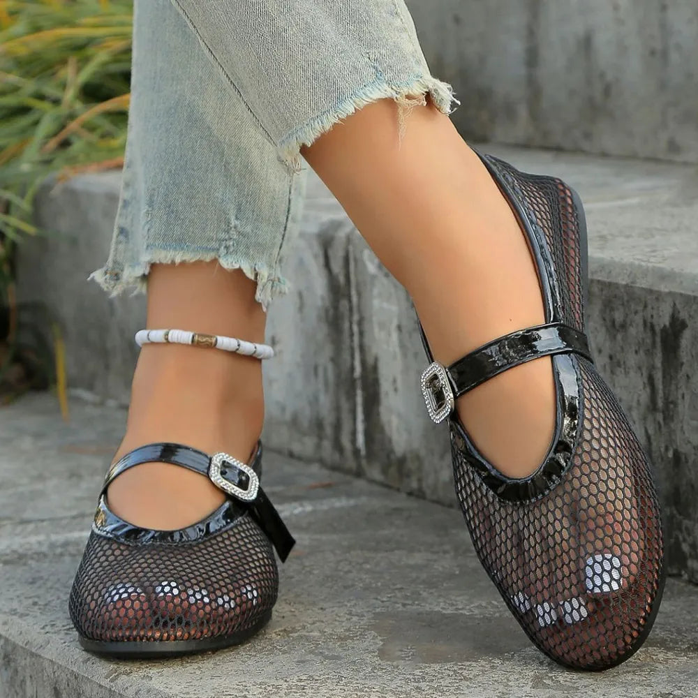 Women's breathable mesh flat sandals with round toes, summer shoes from Trendsi, featuring a comfortable flat sole and open design.