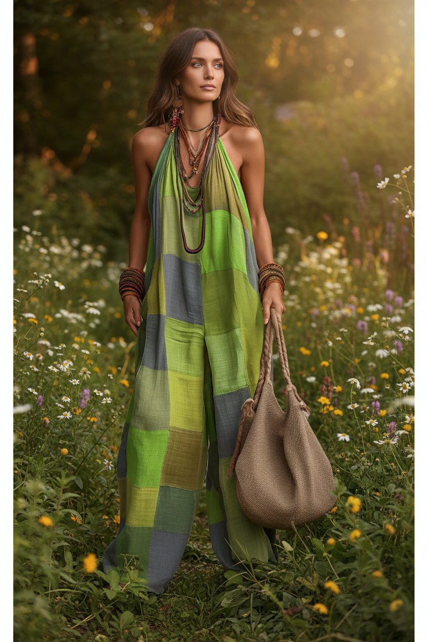 Women's plaid print jumpsuit from Plush Fashion Hub featuring sleeveless, wide-leg design and suspender style.