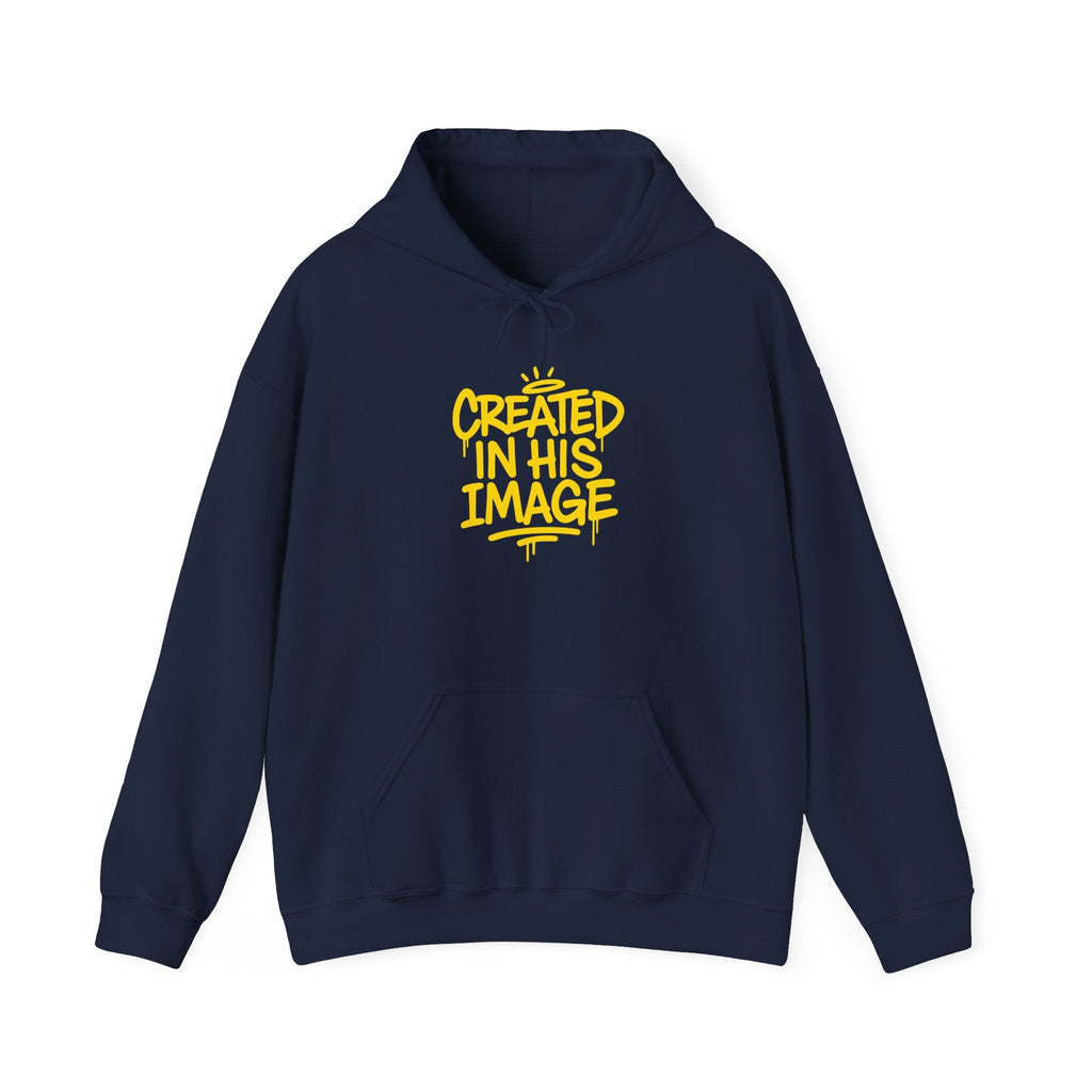 Wear Your Worship Created In His Image hoodie featuring Genesis 1:27 inspirational design, casual pullover for faith-based apparel.