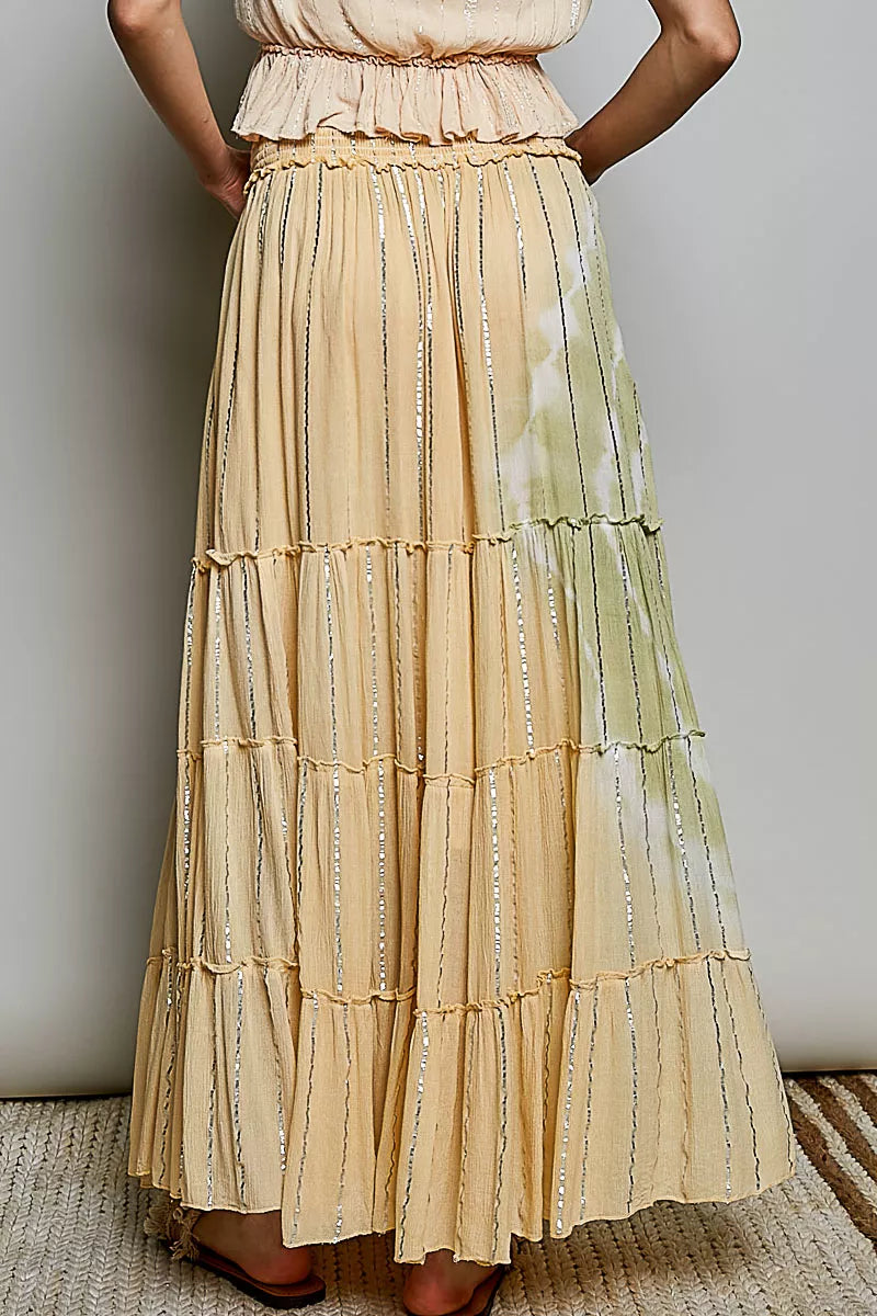 Shopimist POL shimmer tiered reverse ruffle maxi skirt with smocked waist, flowing fabric, and elegant tiered design.